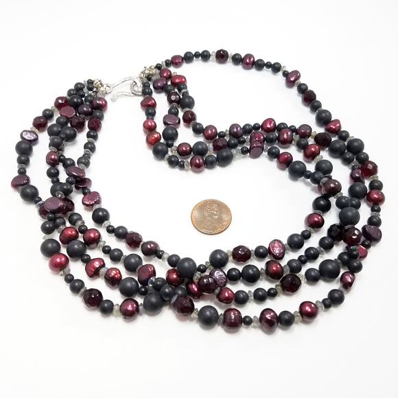 Vintage Beaded Necklace Pearled Burgundy, Matte Black Red Black Czech Crystal - Picture 4 of 10
